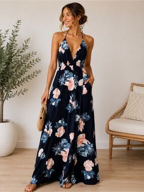Navy Floral Halter Maxi Dress - Blue & Peach Blooms